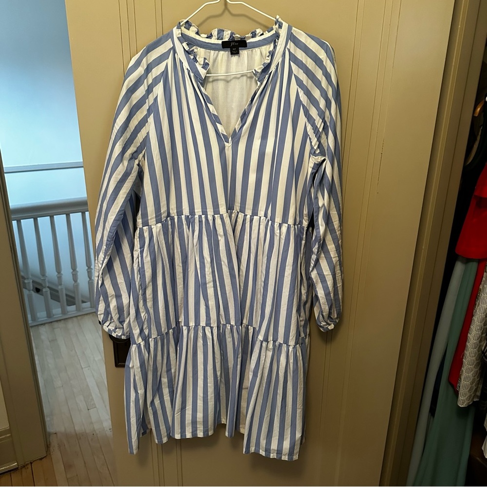 J. Crew Tiered Popover Dress in Striped Cotton Poplin